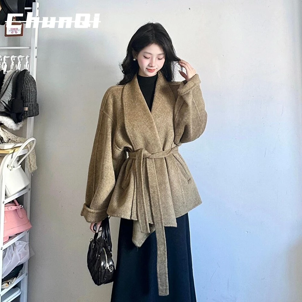 淳启高级感收腰加厚毛呢外套女冬季大码胖mm气质复古时髦斗篷大衣