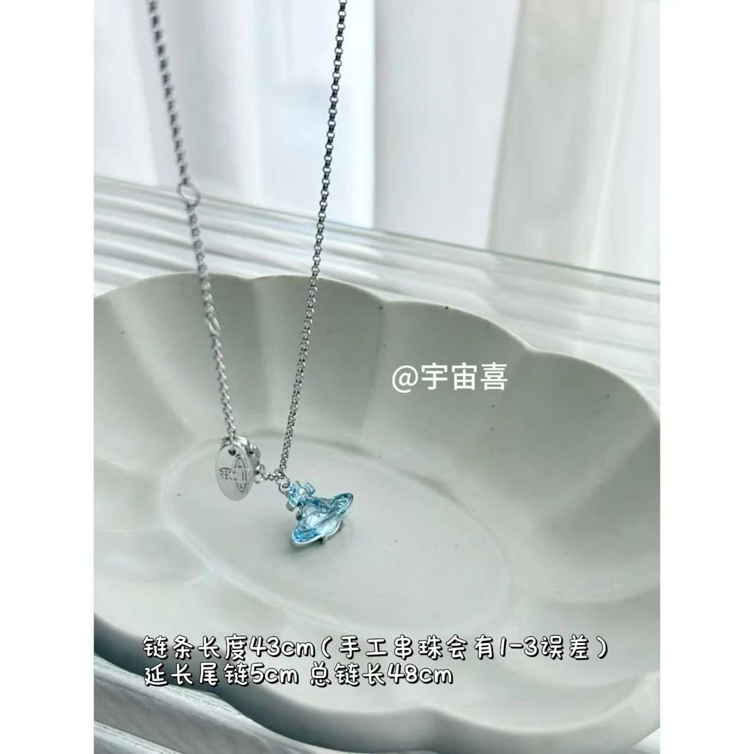 铜合金项链 T1-010【醋酸海蓝色星球果冻银色底项链长链】