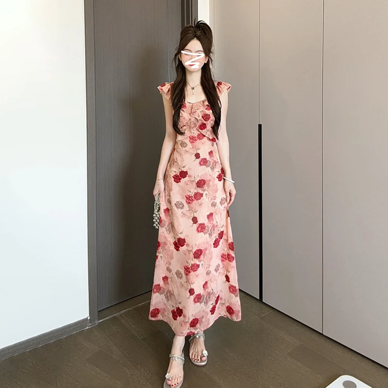 新款法式粉色碎花吊带连衣裙子女夏季掐腰海边度假沙滩长裙