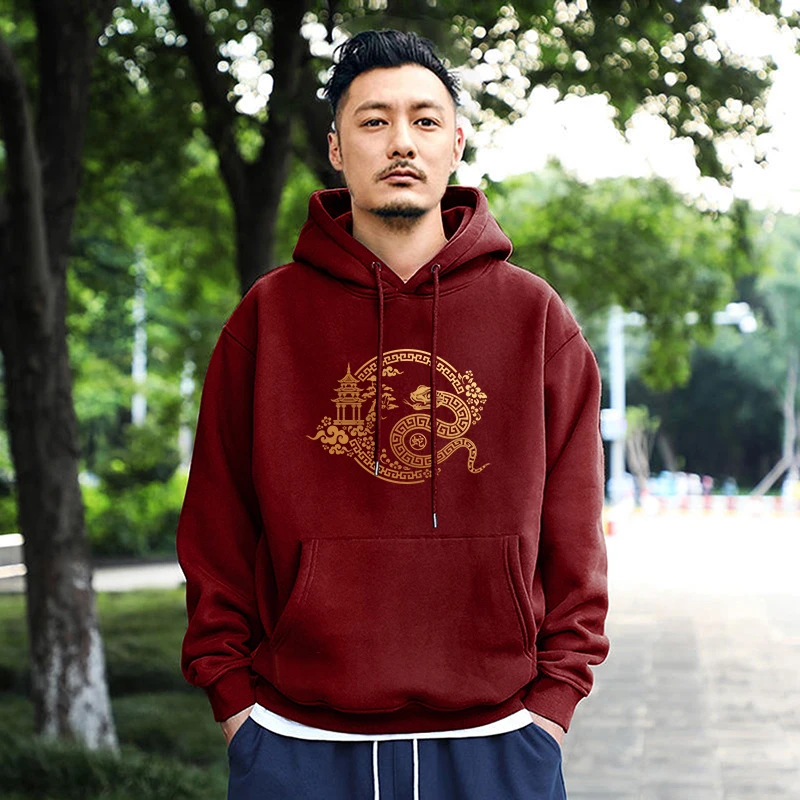 仓石一树国潮蛇年本命年酒红色卫衣男款秋冬季加绒帽衫情侣装外套