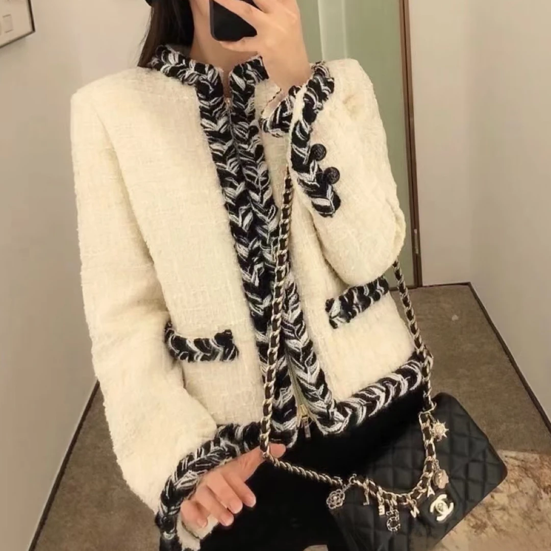 未使用 Chanel/香奈儿 白色粗花呢黑白滚边外套/36码/41720