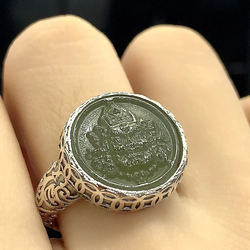 重工钱多多卷草款扎吉拉姆黄财财青玉戒指