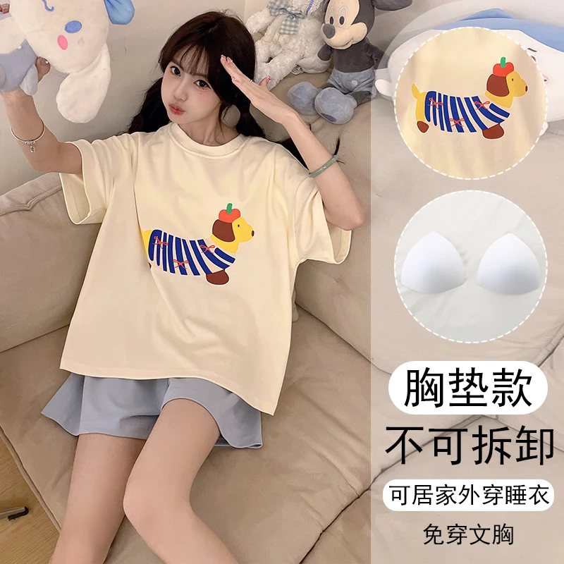 可外穿睡衣女夏宽松带胸垫短袖学生简约家居服2025年新款大码套装