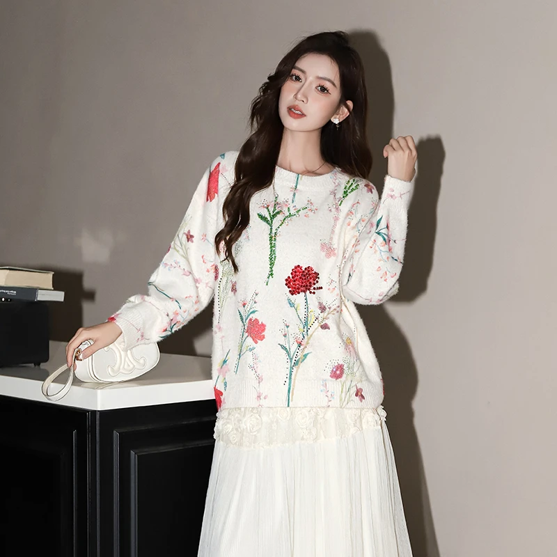 【小呆鸟专享】 NEVENICO 手绘钩花钉珠圆领毛衣 NN2501011