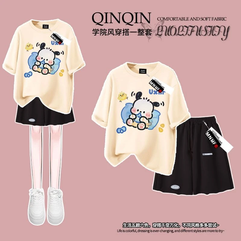 可爱帕恰狗印花女童套装短袖t恤短裤夏季中大童两件装宽松五分裤