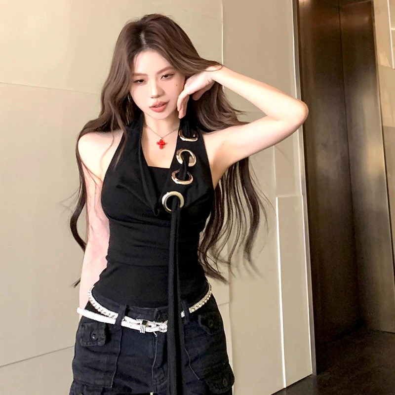 美式修身V领上衣辣妹金属圆环荡领吊带背心设计感挂脖无袖短款T恤