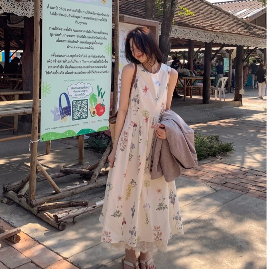 Sisilyon 蕾丝边植物印花背心连衣裙女小个子浪漫度假风碎花长裙