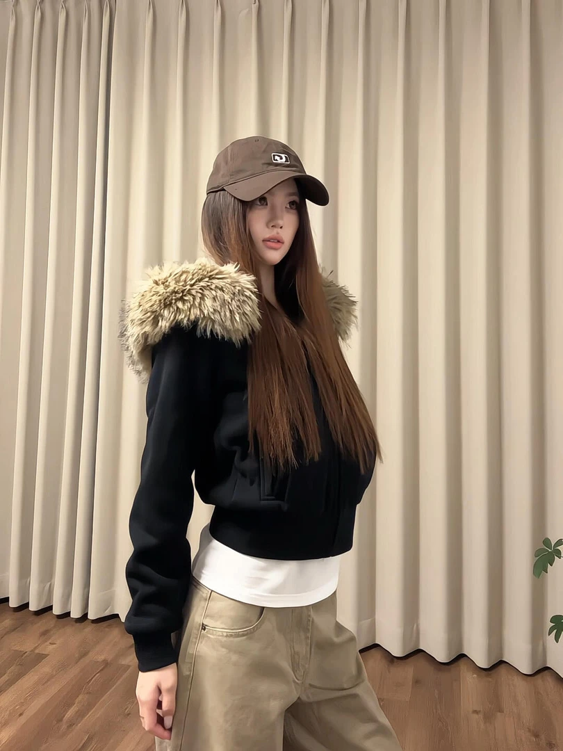 美式毛领连帽卫衣外套女2025冬季新款小个子短款修身收腰夹克上衣