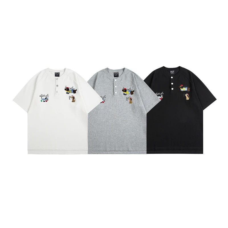 OLDTRIBE美式复古纯色简约腊肠狗动物刺绣图案重磅圆领短袖T恤