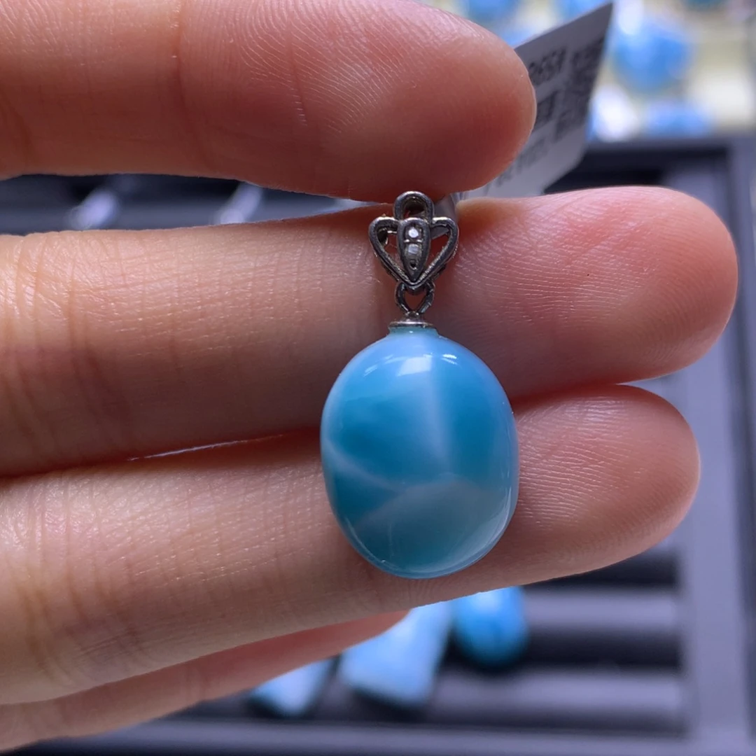 针钠钙石（海纹石）银S925镶嵌吊坠(不含链)蛋面吊坠色差略异