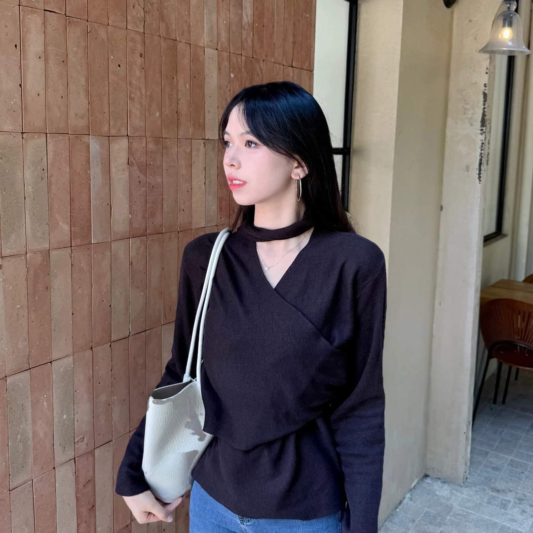 早秋慵懒风韩系女长袖针织松弛感高级系带v领气质显瘦百搭设计感