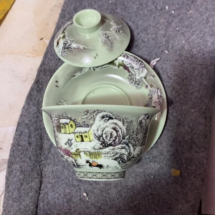 碗陶瓷绿稀土墨彩雪景盖碗