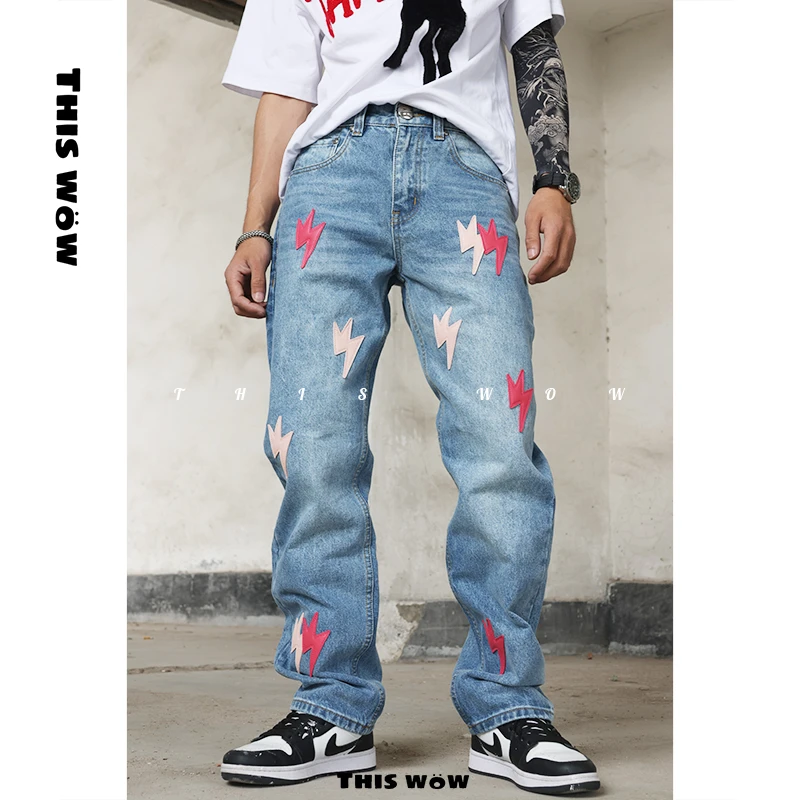 【蓝色直筒裤】THISWOW老白不喝酒同款痞帅男装宽松直筒贴皮牛仔裤