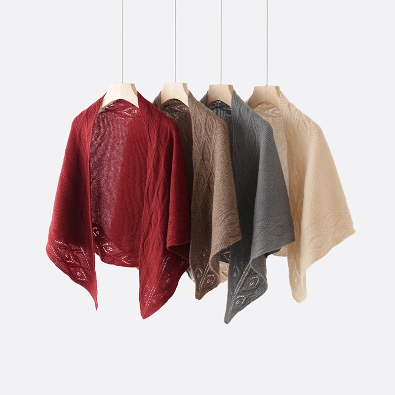 时髦100%纯山羊绒披肩女镂空针织穿孔护肩保暖扇形旗袍外搭小披风