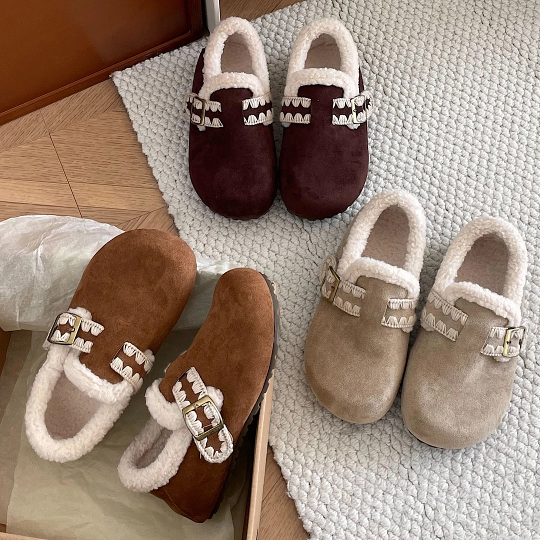 复古白色加绒加厚保暖平底棉鞋女2025新款冬季一脚蹬软底勃肯鞋子