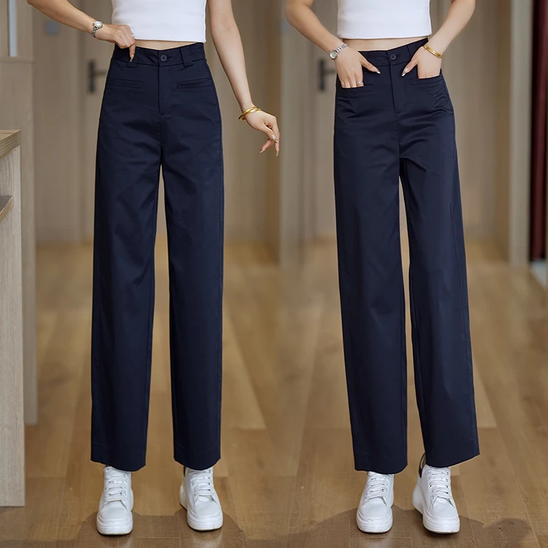 莱赛尔天丝九分直筒裤女2025夏季新款薄款气质藏青色休闲西装裤子