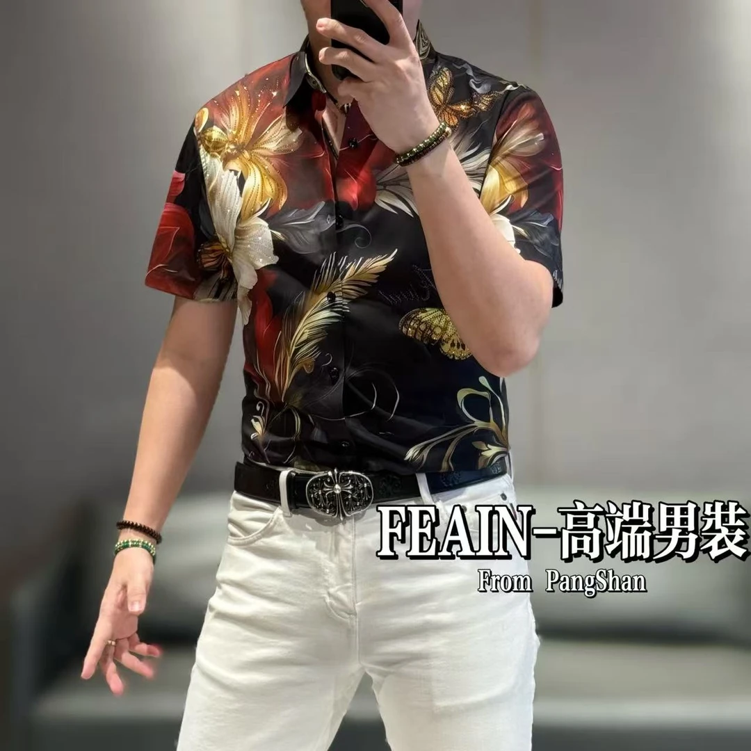 高端男士幻彩羽毛蝴蝶花卉印花图案奥钻点缀男士短袖衬衫5108