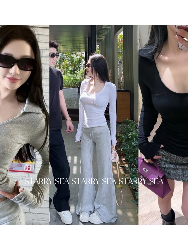 PP福利【春光缪斯】Polo领U型大领口修身显瘦长袖打底上衣#PP0122SY