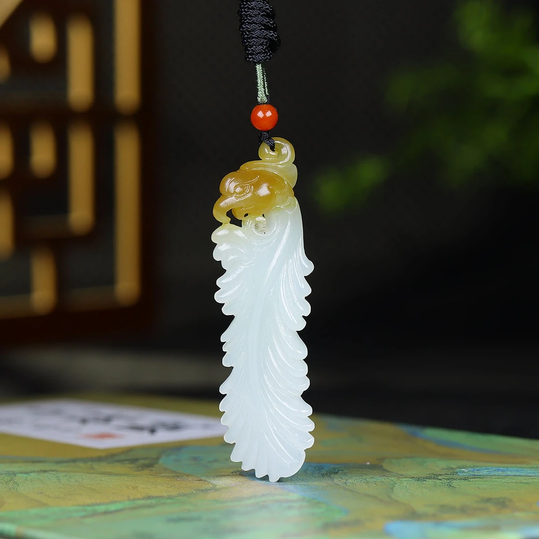 1120124和田玉糖白玉有凤来仪挂件