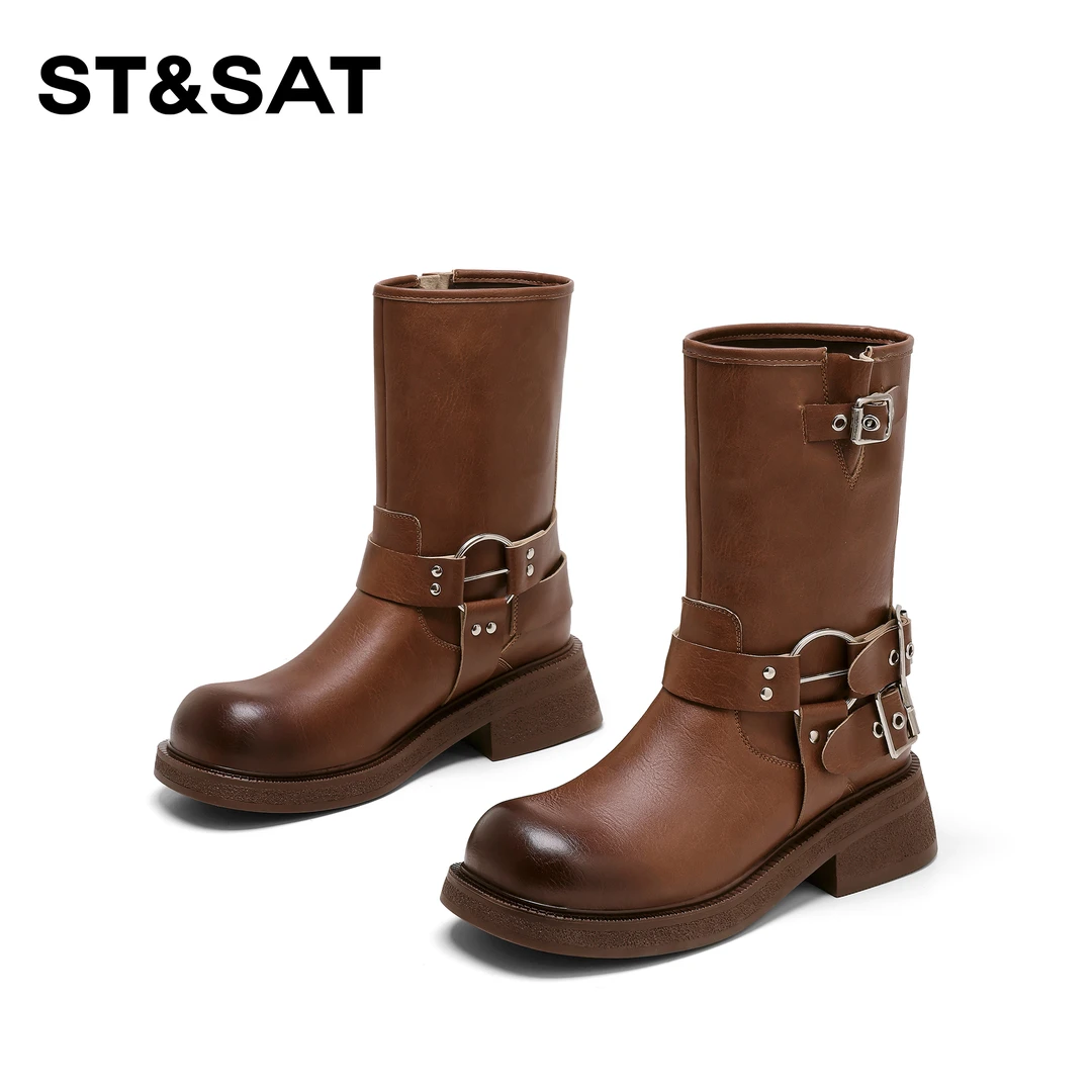 St&Sat/星期六时装靴女款秋季复古简约百搭金属扣件套脚厚底筒靴