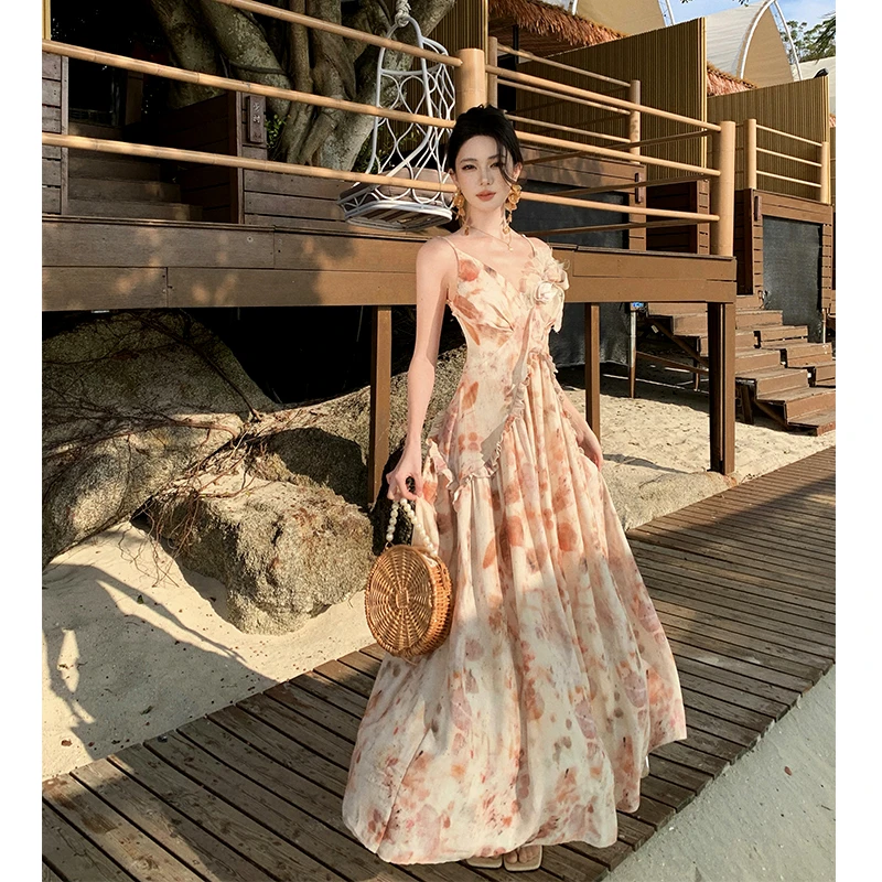 新中式国风印花吊带连衣裙子女夏季气质收腰海边度假沙滩a字长裙