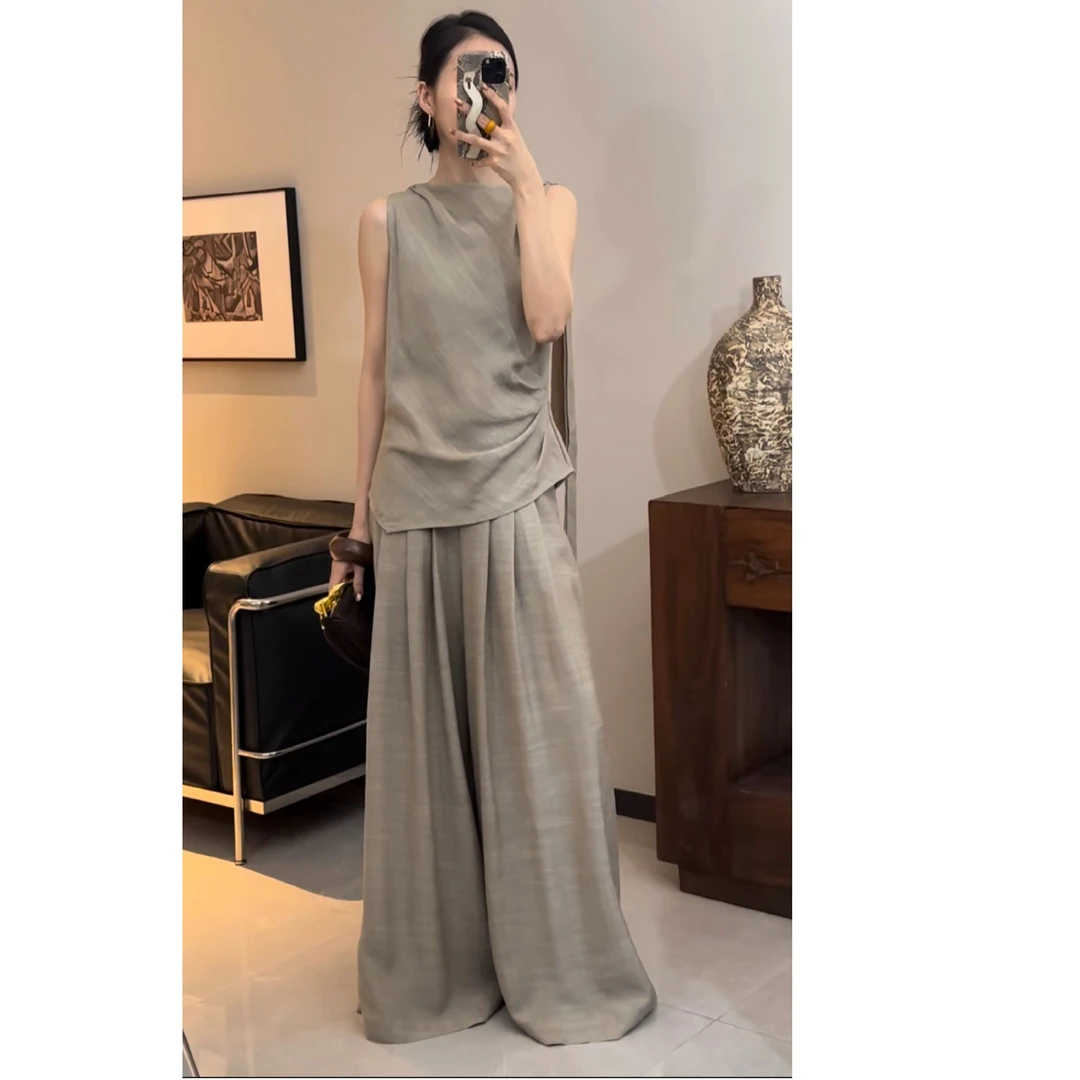 GUIMIN 夏季新款简约风系带背心高腰显瘦阔腿裤气质套装 A283