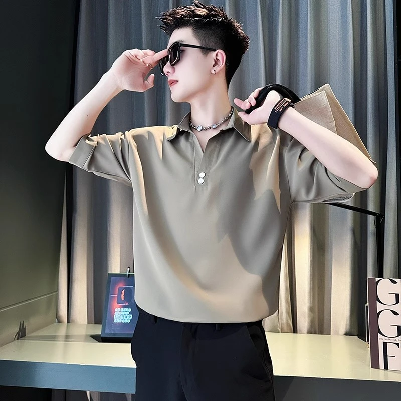 高级感冰丝V领短袖Polo衫男款夏季薄款休闲百搭T恤男士五分袖上衣