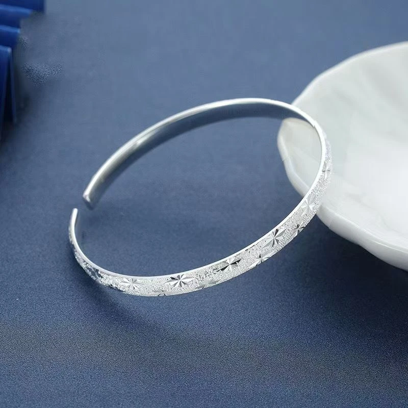 足银9999 高端大气实心精美 满天星磨砂开口手镯 货号043