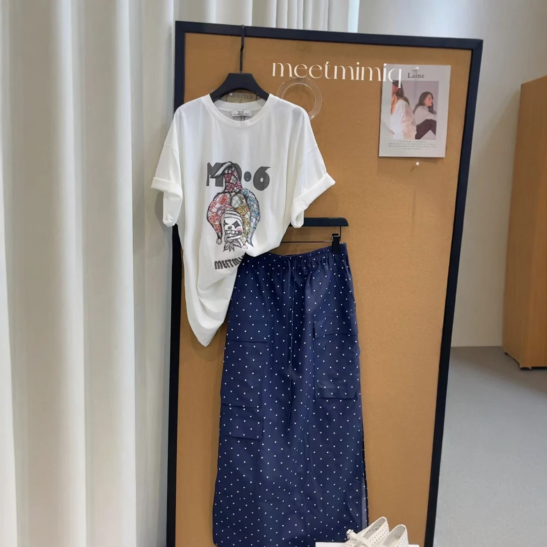 【小丑涂鸦棉T恤】2025夏新品休闲印花圆领落肩袖宽松短袖上衣女