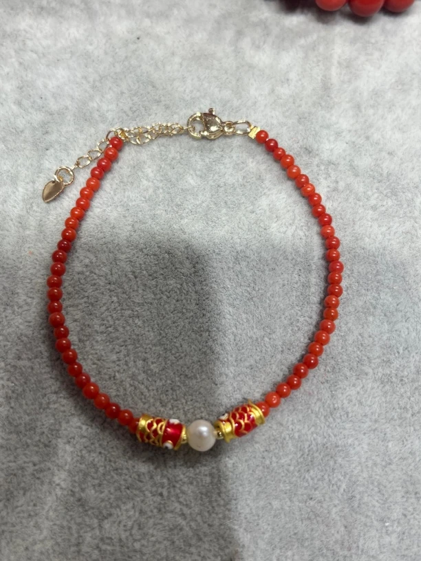 美货 珍珠年年有鱼红色圆珠单圈手链