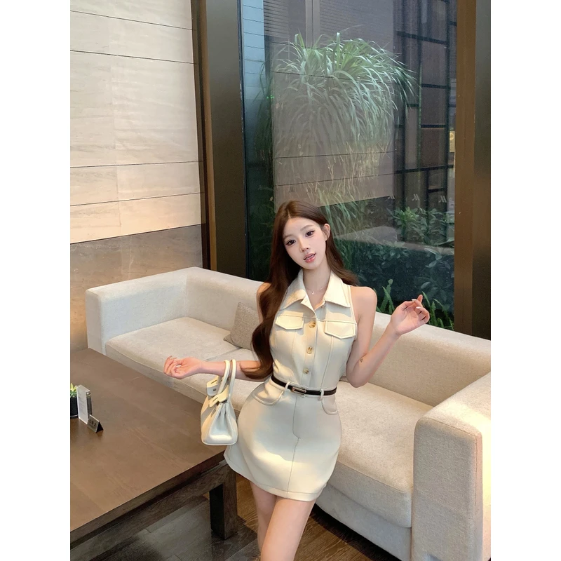 韩系气质名媛polo领高腰无袖工装裙女装夏季设计感收腰显瘦连衣裙