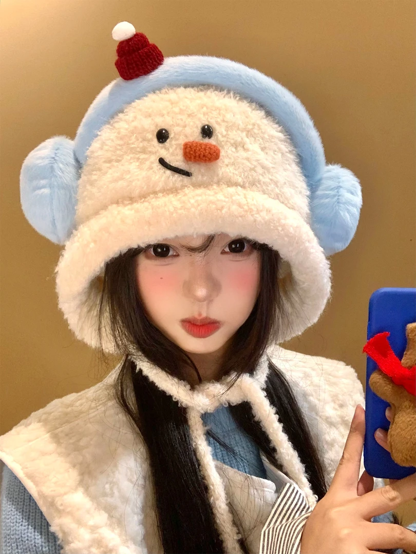 可爱雪人毛绒针织护耳帽女冬季显脸小毛线帽保暖防寒套头雷锋帽子