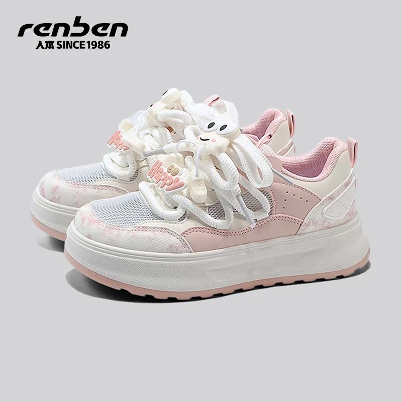 人本官方旗舰店樱花粉网鞋女款2025秋季新款时尚休闲鞋透气厚底鞋