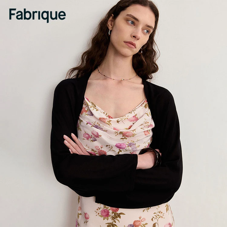 Fabrique Shrug春夏新款经典黑微透天丝桑蚕丝空调衫针织披肩开衫