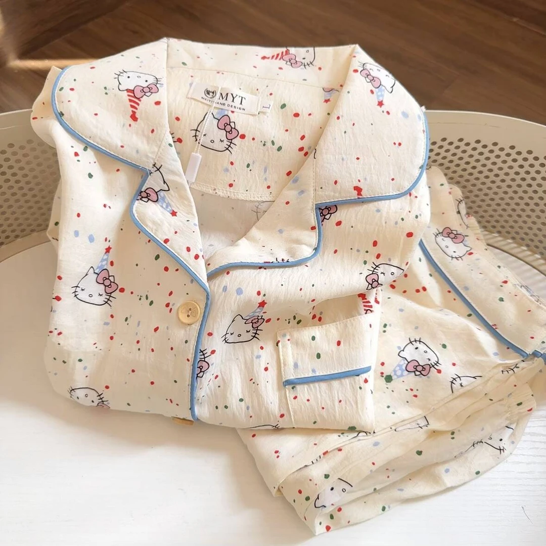 【爆款】可爱波点KT猫睡衣女春秋季长袖长裤云朵棉薄款甜美卡通热销