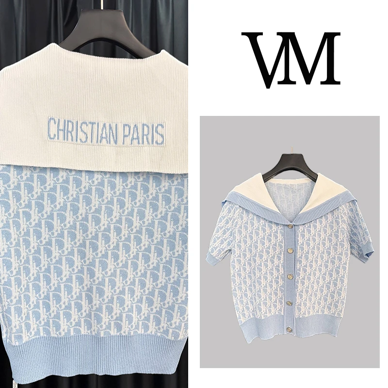 轻奢短袖冰丝针织衫女薄夏季新款气质设计高级感海军领上衣dx7810