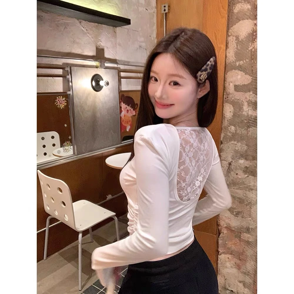 纯欲风辣妹蕾丝镂空设计T恤上衣  有垫肩