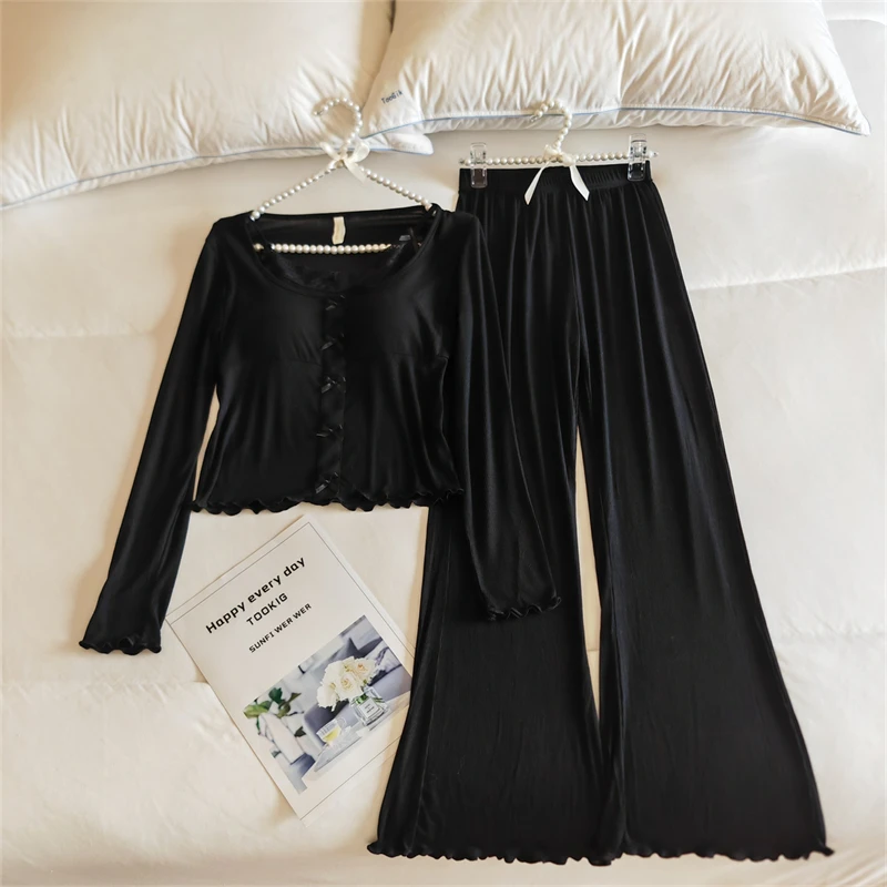 庆同长袖睡衣女春秋季2025年新款高级感莫代尔自带胸垫假两件套装