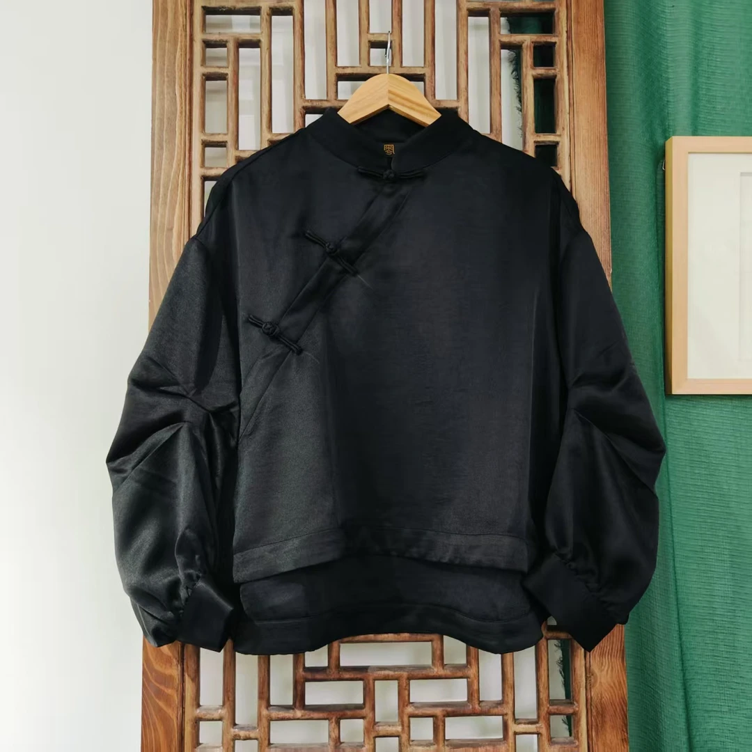 凤徕兮私人定制黑色光板捏褶袖斜襟盘扣短上衣 (SY5104) 光板