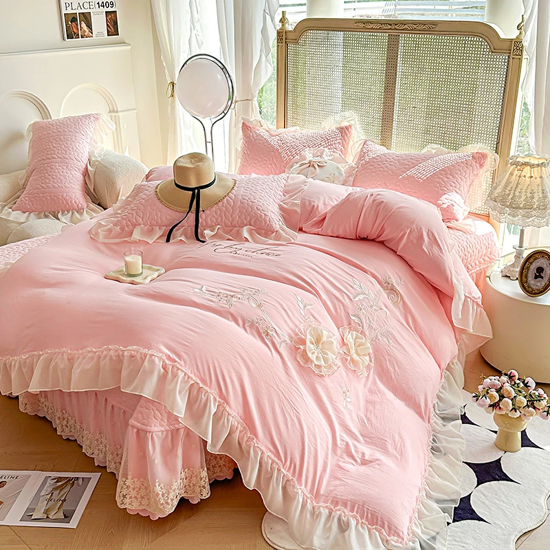 2025韩版法式公主风水洗棉立花绣花床盖款四件套蕾丝床盖款四件套