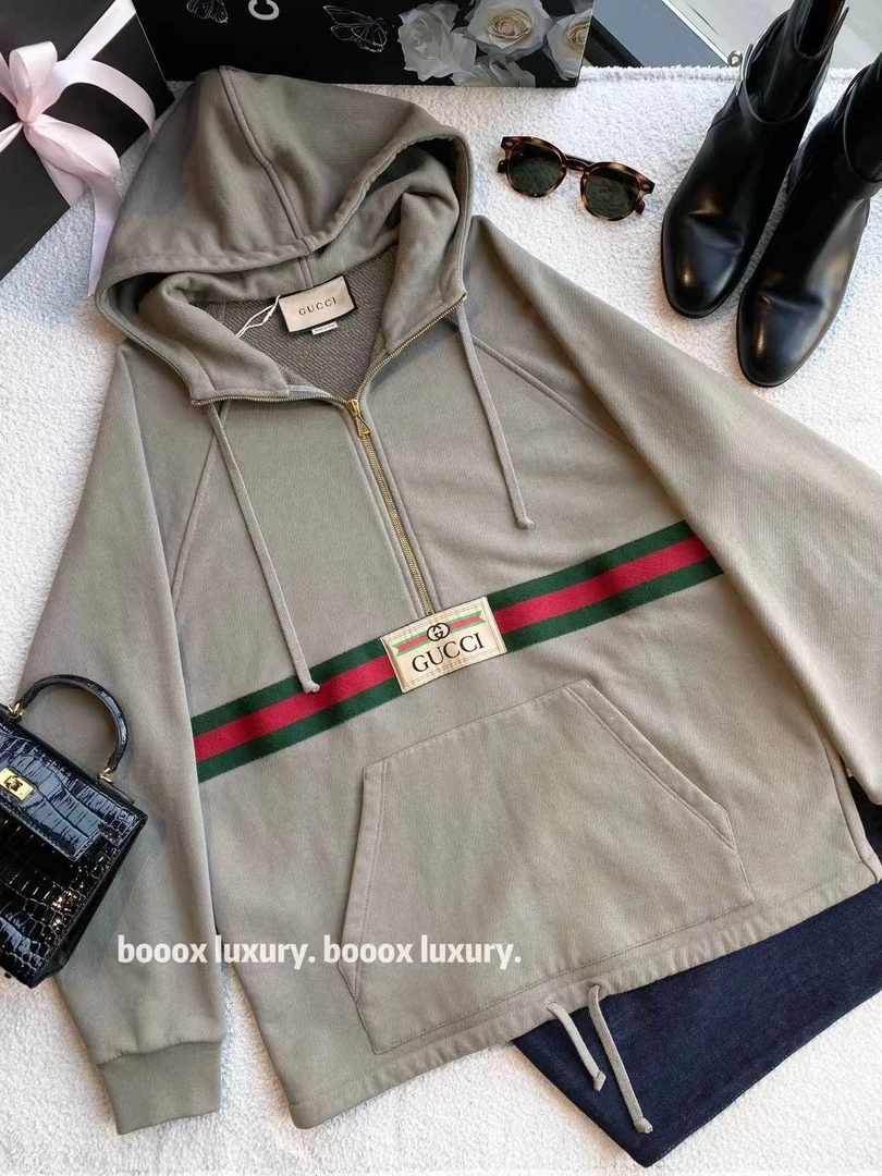 95新 GUCCI/古驰 yy1370 棉 半拉链织带徽标帽衫 xs码