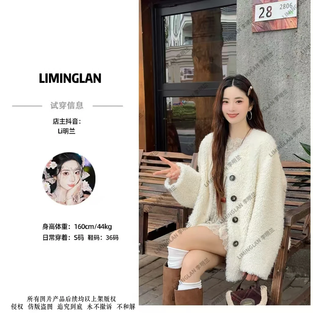 李明兰短款加厚颗粒绒羊毛外套冬装2025冬季咖色上衣女装25047
