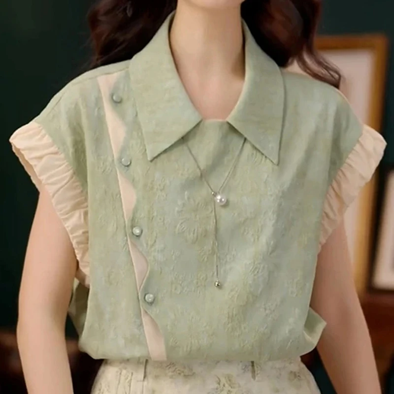 法式减龄洋气独特拼接短袖衬衫女2025夏季高级感休闲百搭衬衣上衣