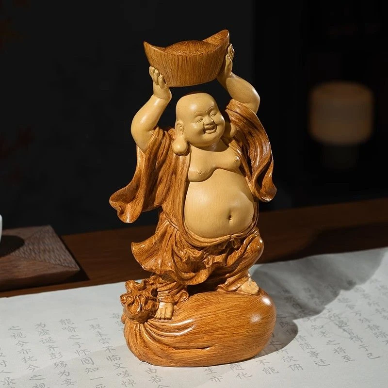 中式元宝弥勒佛摆件大肚笑佛仿木雕像工艺品客厅茶室装饰开业礼品