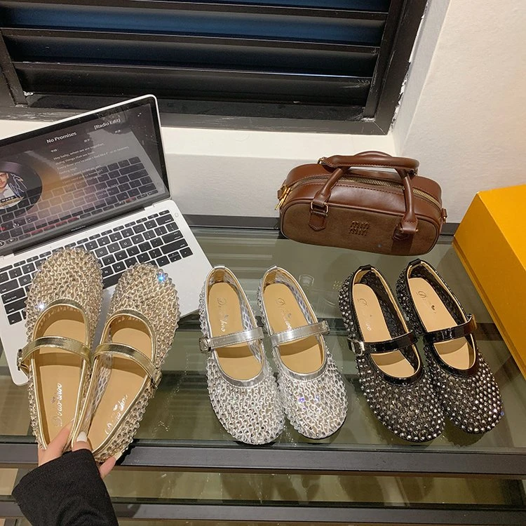 2025夏季新款水钻透气小单鞋一字扣浅口软底工作女单鞋