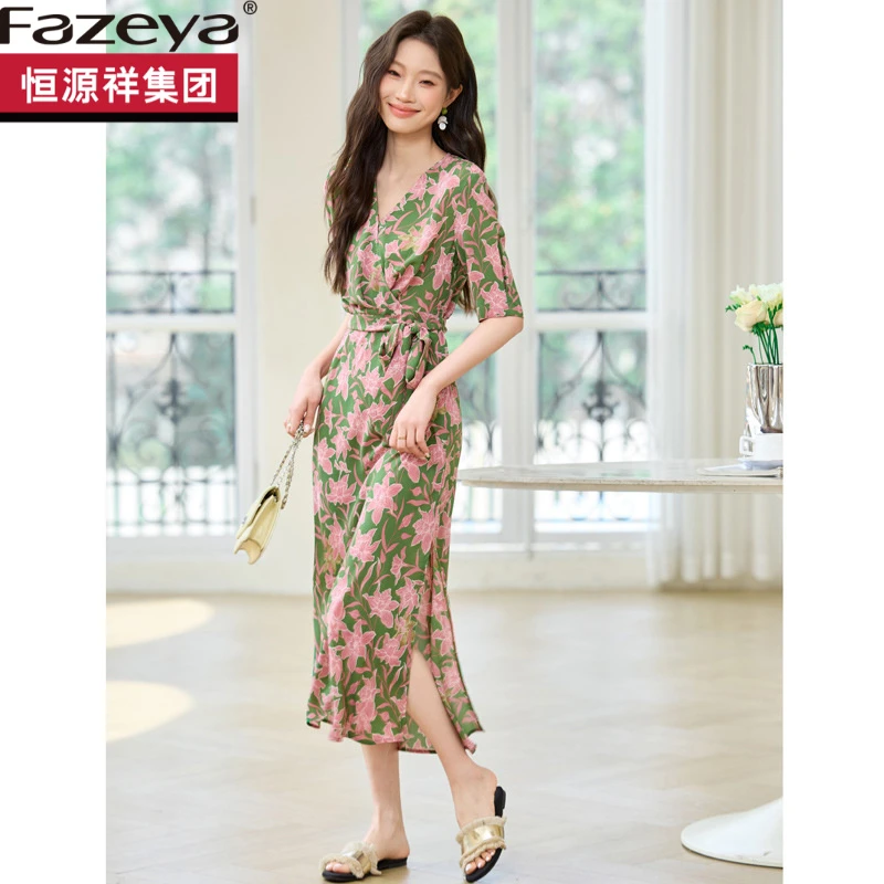 恒源祥彩羊度假风显瘦碎花裙法式拼接高腰V领遮肚纯欲慵懒风女装