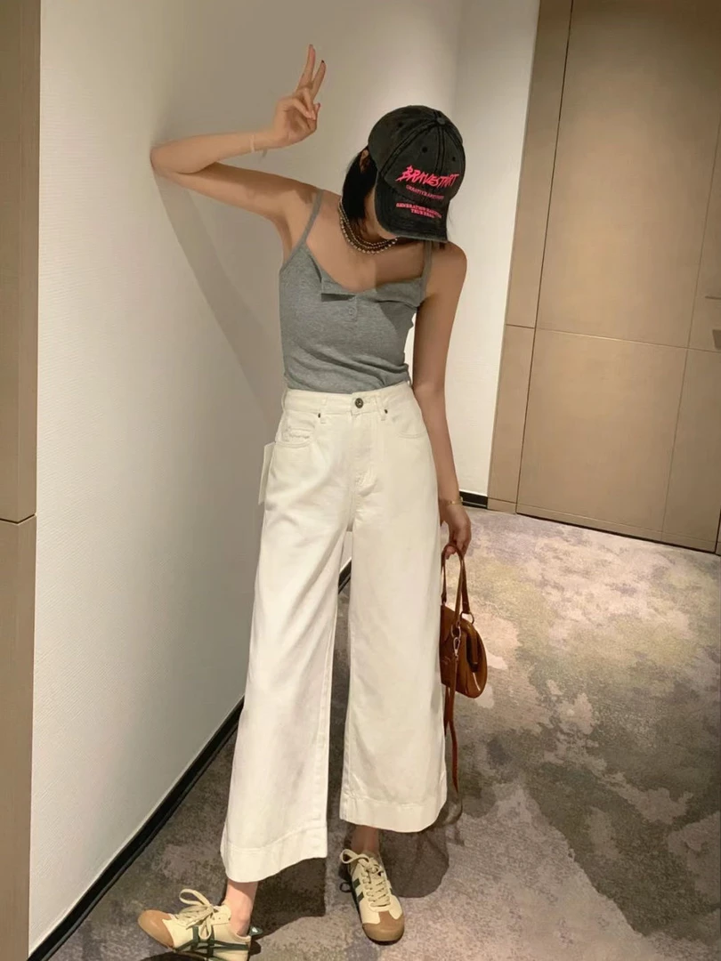 白色水洗直筒八分牛仔裤女2025夏季新款小个子高腰阔腿九分奶奶裤