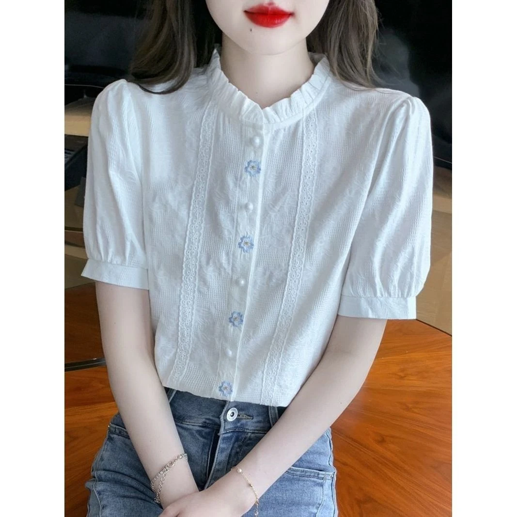 夏季2025年新款女装立领纯棉衬衫女洋气全棉气质提花刺绣上衣短袖