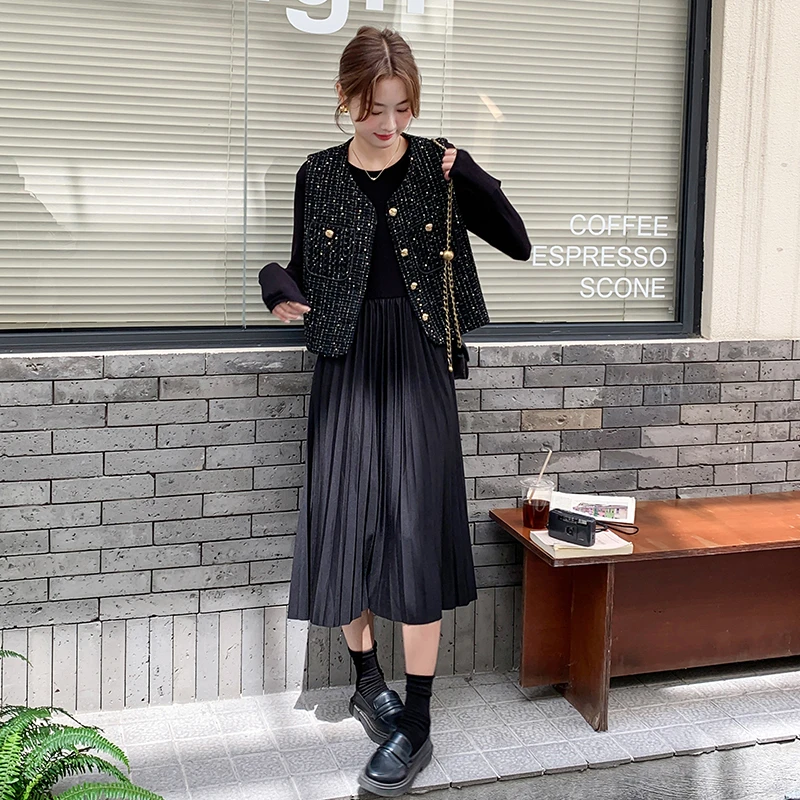 时尚套装小香风显瘦气质黑色百褶秋冬拼接秋季马甲连衣裙两件套