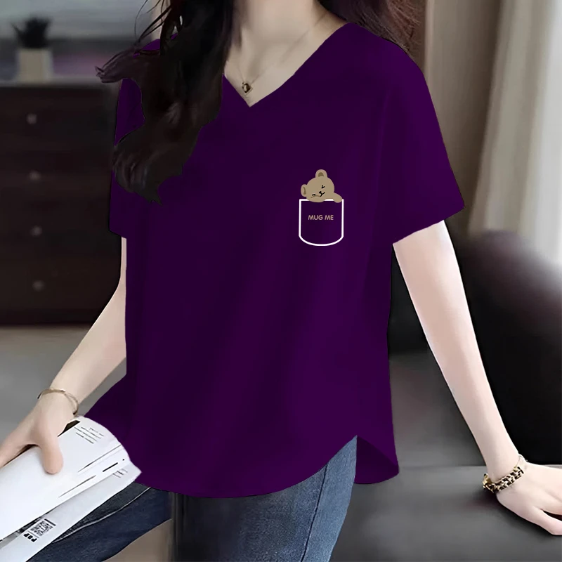 2025夏季新款纯棉短袖T恤V领下摆弧形潮流减龄休闲宽松百搭上衣